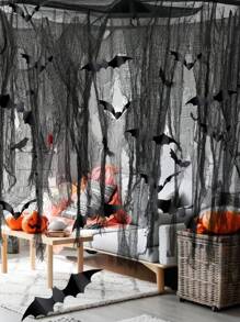 Tela negra de malla de Halloween y 60 pegatinas 3D de murciélagos aterradores. Tela de terror para decoración de habitación de Halloween, para casa encantada, fiesta de Halloween, patio, pared, entrada y decoración exterior. Decoración de pared interior para fiestas de Halloween