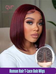 QVR QUEEN VIRGIN REMY 100%真人发T字形蕾丝前置波波头假发，带婴儿发，原生雷米发，中分蕾丝假发，自然发际线，酒红色，99J，女士无胶假发 - SBUG - 查看 3