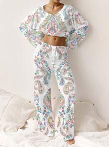 Conjunto de salón mujer estilo bohemio con estampado de cachemir transparente, top de manga larga y pantalones anchos con bolsillo, conjunto de dos piezas para el otoño