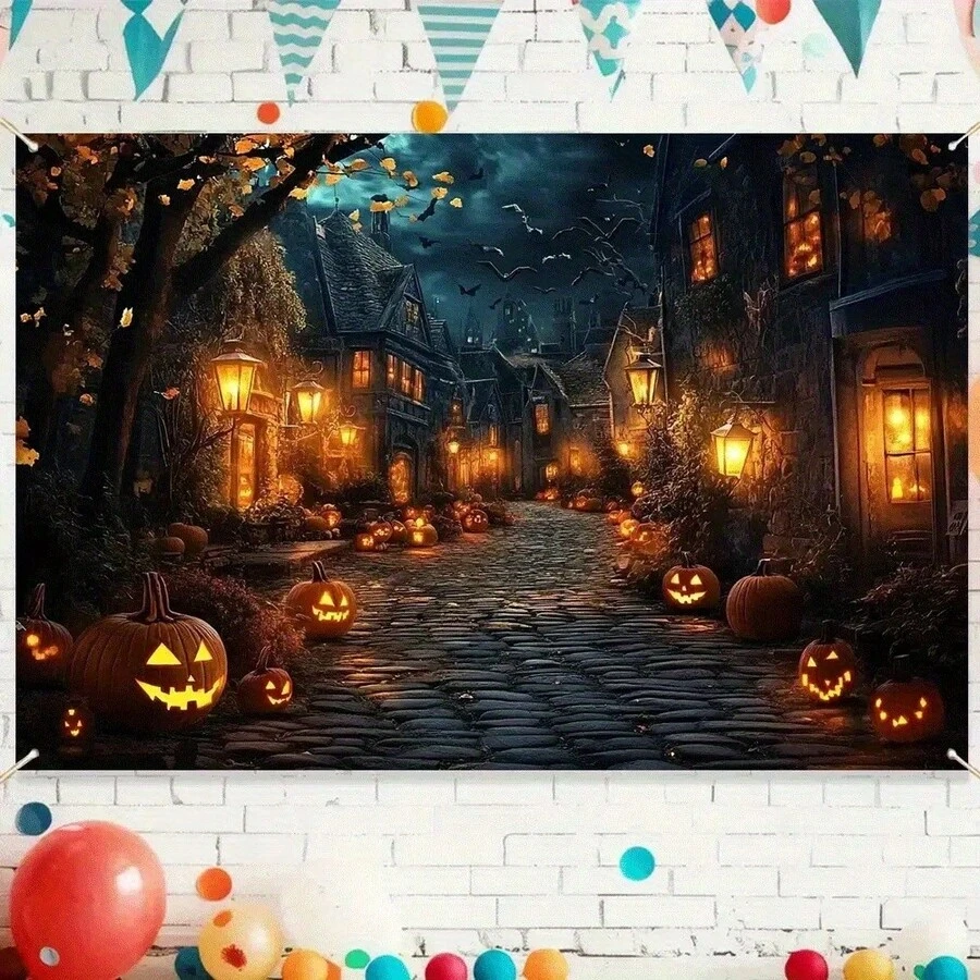 1 个发光南瓜灯，万圣节横幅 - 恶灵街景，配有南瓜灯和温暖的灯光，非常适合摄影、直播和秋冬装饰万圣节装饰 | 恶灵街景 | 涤纶 - 彩色 - 查看 1