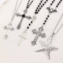 1pc Vintage Gothic Cross Pendant Beaded Necklace, Women Fashion Jewelry Accessory, Suitable For Daily Wear And Party, Gifts For Women
