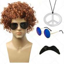 Ensemble de costume disco des années 70/80 pour hommes en 5 pièces - Perruque afro bouclée, lunettes de mode bleues, collier pendentif doré "Disco", chapeau en filet élastique et barbe - Convient pour les fêtes, les jeux de rôle et la décoration d'Halloween