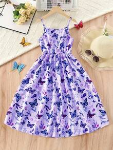 Vestido sin mangas con estampado de mariposa elegante para niñas - Escote en V, perfecto para verano - Morado - Ver 2