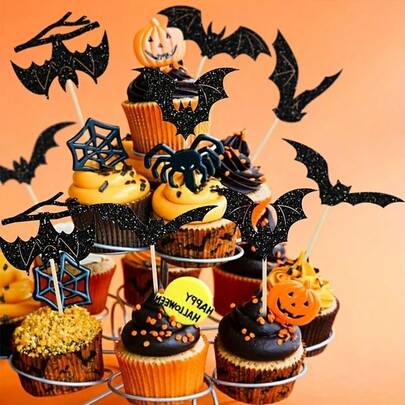 6/12pcs Halloween Themed Cake Decoration Card, Personalized Bat Pattern Design Is More Suitable For Halloween And Day Of The Dead Decoration, Very Suitable For Cupcake Decoration Plugins, Dessert Decoration Sticks, Fruit Bamboo Sticks