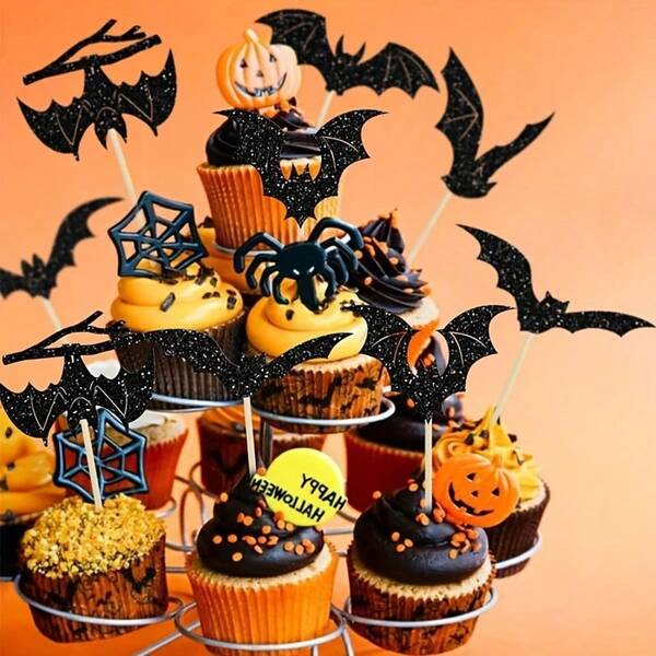 6/12pcs Halloween Themed Cake Decoration Card, Personalized Bat Pattern Design Is More Suitable For Halloween And Day Of The Dead Decoration, Very Suitable For Cupcake Decoration Plugins, Dessert Decoration Sticks, Fruit Bamboo Sticks