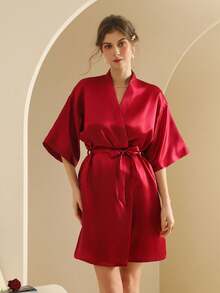 女士真丝睡袍，轻盈开襟长款睡袍，适合新娘、朋友、居家及酒店穿着。 - 酒紅色 - 查看 6