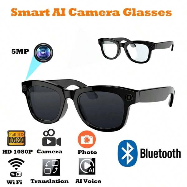 Smart AI Glasses With AI Voice Assistant, Image Recognition, 500MP HD Video Capture, Real-Time Translation For 26 Countries, Wireless Music & Calling, Stereo Sound Quality ENC Noise Cancellation, 4 Hours Battery Life, Rechargeable Earbuds, Unisex Design Suitable For Office, Travel And Recording Scenarios