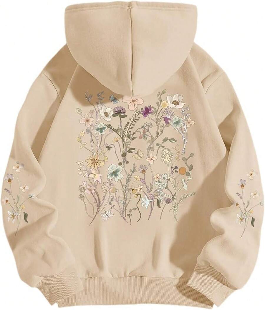 Women's Floral Printed Hoodies Vintage Aesthetic Flower Graphic Sweatshirt Cute Boho Fleece Thermal Hoodie Pullover - 杏色 - 查看 1