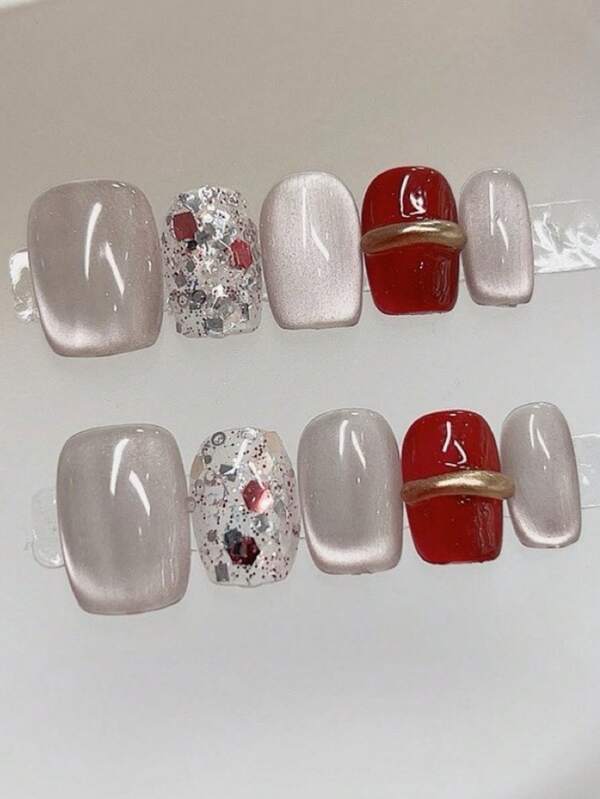 10 Stücke handgefertigte tragbare Rüstungsteile mit kristallinen Katzenaugen, die durchscheinend und weiß erscheinen, geeignet für den täglichen Gebrauch, Feierlichkeiten und Abendessen, Nagelverlängerungen, Nagelzubehör, Nägel