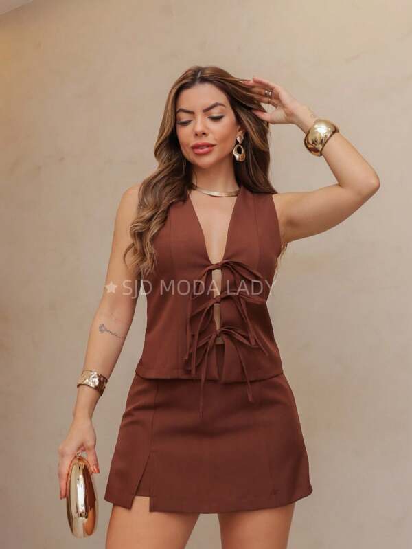 SJD MODA LADY  Coniunto de 2 pecas Western Front com Detalhe de Laco em Colete e Mini Short Saia, Casual Feminino com Fenda, Short Saia Marrom Ajuste Regular comaco na Frente,Coniuntos Femininos,Primavera/Veräo, Uso Diário Casual