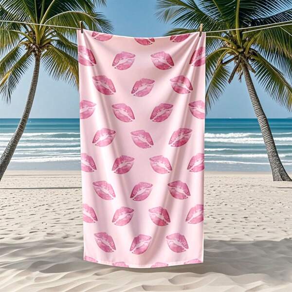 1pc Bright Pink Lip-Shaped Pattern Beach Towel - Super Soft, Quick-Drying Polyester Fiber Is Perfect For Relaxing By The Pool And Having Fun At The Beach. Machine Washable. Chabata, Beach Chair, Cover, Sand Bag, Great, Pool, Beach Towel, Large Beach Towel. A Must-Have For Summer And Festivals