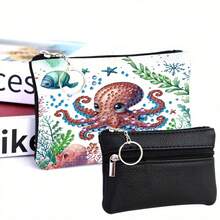 1 Set Diamond Painting Craft Kit, Ocean Animal Style Coin Purse Women Ins Zipper Mini Bag, Women Short Hanging Pouch With Keychain Card Holder, Made With Crystal Round Diamond DIY, Suitable For Daily Travel Carry-On Storage