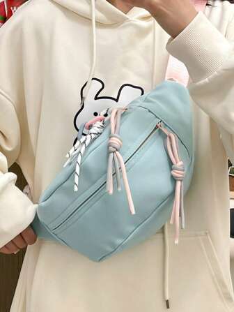 Fashionable College Waist Bag With Pink And Blue Tassels-Adjustable Shoulder Strap, Zipper Closure And Nylon Lining.Stylish College Waist Bag With Pink And Blue Tassels-Adjustable Shoulder Strap, Zipper Closure And Nylon Lining. Ladies Summer Bag, Fashion Messenger Bag, Ladies Purse