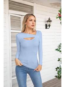 Womens Fashion Fall Cutout Long Sleeve Ribbed Slim Fitted Tops Shirts Tee Tshirts - Long-light Blue - View 2
