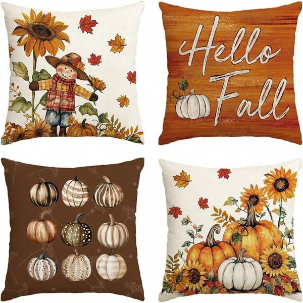 Fall Scarecrow Pumpkin Orange Pillow Covers, Thankful Sunflowers Maple Leaves Seasonal Thanksgiving Cushion Case Decoration