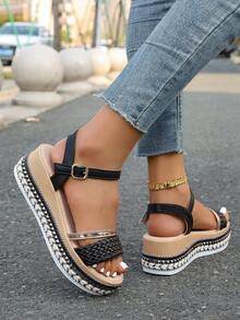 时尚女士波西米亚风坡跟凉鞋，新款编织带设计，舒适软底沙滩凉鞋，适合海滩、派对、日常休闲场合以及春夏穿搭。 - 黑色 - 查看 4