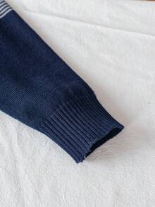 1pc Boys' Collegiate Striped Lightweight Knit Pullover Sweater, Suitable For School In Spring And Autumn - Navy Blue - View 6