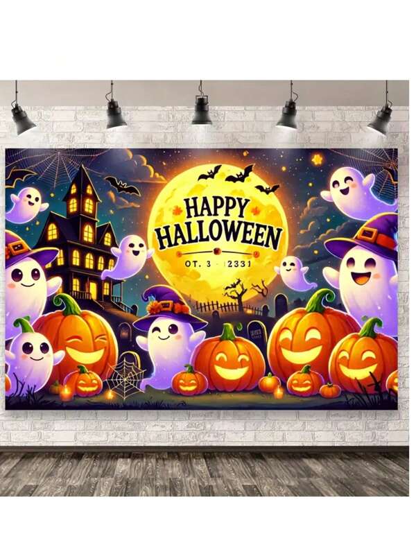 Fondo para fotografía de Halloween con linternas de calabaza y decoraciones de fantasmas, adecuado para decoración de fiestas con temática de Halloween, estudio fotográfico y fotografía de eventos