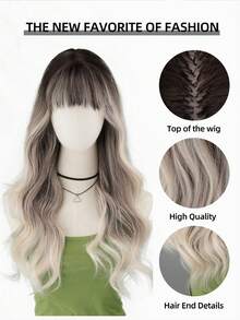 26 英寸深根渐变银灰色长波浪合成耐热假发，带刘海，浪漫美丽的女孩角色扮演假发，适合度假、家庭聚会、服装和日常穿着 - 漸層 - 查看 4