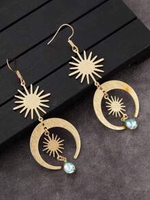1pair Hippie  Sun Crescent Earrings Brass Color Witchy Jewelry Bohemia Birthday Magical Clear Stone Point Women Fashion Gift