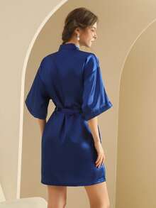 Women's Silk Nightgown Wedding Dressing Robe Lightweight Cardigan Robe Bridal Morning Robe Friend's Robe, Suitable For Home And Hotel Wear. - Navy Blue - View 2