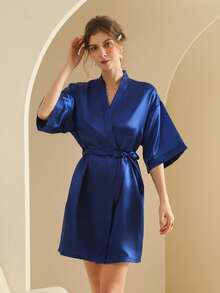 Women's Silk Nightgown Wedding Dressing Robe Lightweight Cardigan Robe Bridal Morning Robe Friend's Robe, Suitable For Home And Hotel Wear. - Navy Blue - View 5
