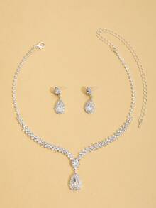 Juego de joyas con colgante de gota de agua con diamantes de imitación, adecuado para novia de boda, fiesta formal y ropa de noche - Plateado - Ver 7