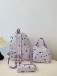 返校季 3 件套新款面料背包、手提包、铅笔盒、蝴蝶结图案印花、大容量拉链开合、时尚甜美、精致温柔、可爱便捷、百搭永不无聊 - 紫色 - 查看 3