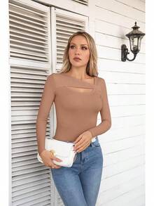 Womens Fashion Fall Cutout Long Sleeve Ribbed Slim Fitted Tops Shirts Tee Tshirts - 長卡其色 - 查看 5