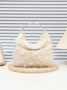 1 件米色 PVC 亮片手提包，撞色拼布闪亮手提包，手拿包，适合派对、郊游、装饰、休闲夜晚外出、手机座、腕带