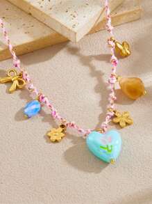 1 Creative, Personalized, Multi Colored Braided Rope Chain Necklace With Gold-Plated Circle, Geometric Shape, Sun Flower, Conch Pendant, Stainless Steel Collarbone Chain