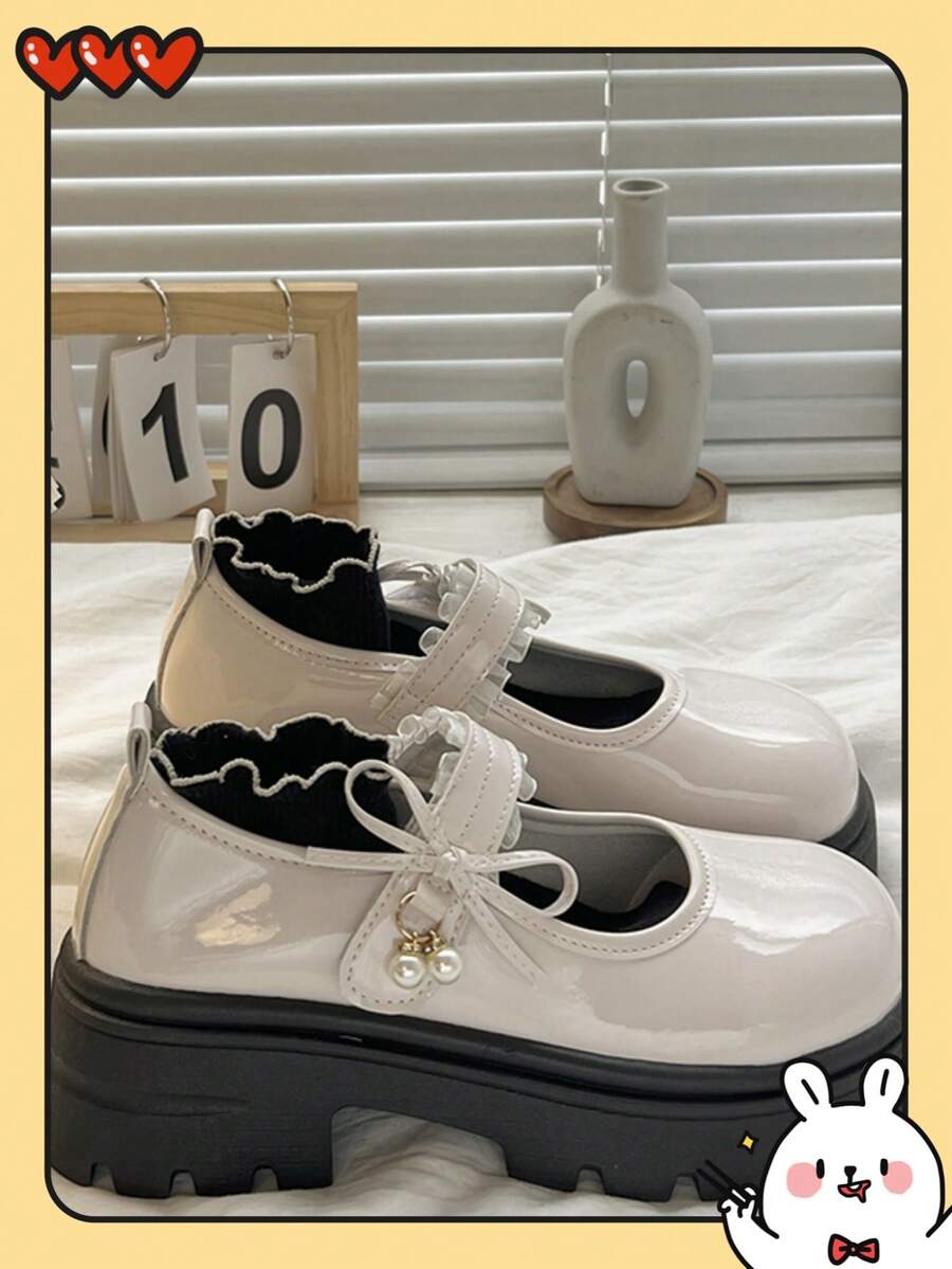 女士厚底厚底乐福鞋/黑色搭扣蝴蝶结小皮鞋，2025春季新款复古英伦风JK玛丽珍鞋哥特鞋/珍珠装饰/低跟鞋/哥特风/厚底乐福鞋/女士平底乐福鞋 - 米色 - 查看 1