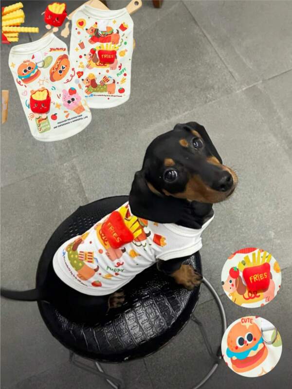 1 pieza Chaleco sin mangas de perro salchicha de verano/gato, de poliéster suave y transpirable, diseño fino de patrón de patatas fritas para perros/gatos pequeños y medianos, diseño adorable de dibujos animados