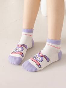Disney 5 Pairs Girls/Kids Casual Cartoon Socks, Purple Tone Rabbit, Heart, Bowknot Patterns, Cute Style, Ankle Socks, Suitable For Students Daily, Back To School Season, All Season