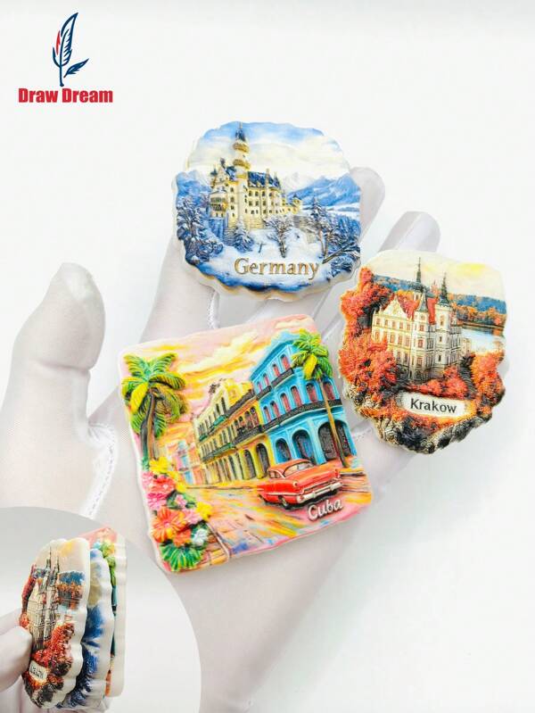 1PC Germany, Poland, Special Attractions 3D Three-Dimensional Resin Fridge Magnet, Neuschwanstein Castle & Krakow & Malecon Travel Souvenir Refrigerator Magnets Stickers, Home Decor Items, Kitchen, Room Decoration Accessories Crafts