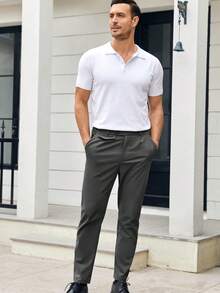 Runcati Mens Chinos Slim Fit Pants Flat Front Stretch Skinny Tapered Dress Pants Comfort Casual Solid Trousers - 深灰色 - 查看 1