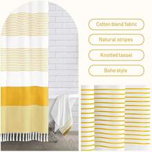 Sage Green Boho Stripe Shower Curtain 72 X 72 Inches Farmhouse Cotton Bathroom, - Yellow - View 2