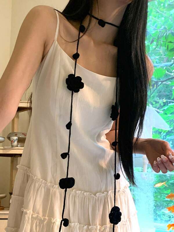 1pc Handmade Crochet Rose Flower Narrow Long Scarf Necklace, Suitable For Parties And Gatherings