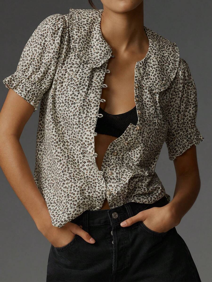 Women Y2k Puff Sleeve Peter Pan Collar Shirt Tops Button Down Boho Floral Print Ruffle Blouse Summer Cotton Babydoll Top - 米色 - 查看 1