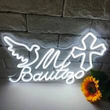 Mi Bautizo LED Neon Sign, USB Powered Wall Hanging Push Button Multicolor Neon Light For Baptism, Birthday, Bedroom Decor, Garden, Party, Christmas – Plastic Material Without Battery