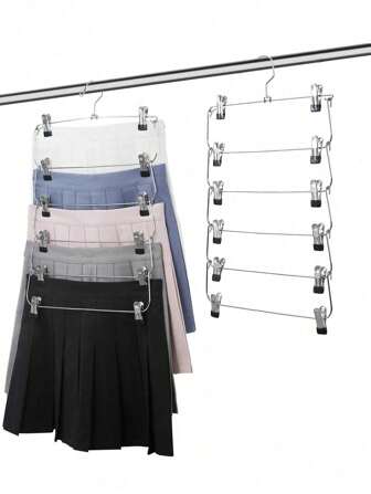 1pc 6Tier Metal Pants Skirt Hanger – Foldable Space-Saving Multi-Layer Clothes Hanger With Hooks, Durable Closet Organizer For Trousers, Skirts, Scarves & More