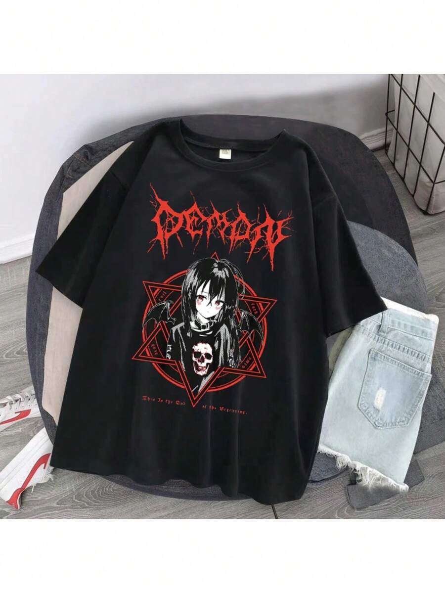 Basic Waifu Goth Japanese Anime T-Shirt Casual Shirt Blouse Unisex Men Women 100% Cotton Top Premium Streetwear New Arrival Immediate Shipping Various Colors!! Plus Size - màu đen - Xem 1