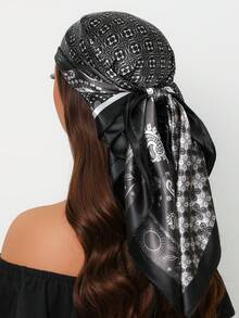 1pc Bohemian Paisley Print 35.4 Inch Square Scarf, Versatile Bandana For Women To Use As Headband, Hair Wrap, Shawl, Suitable For Casual & Street Style, Outdoor UV Protection - Black - View 12