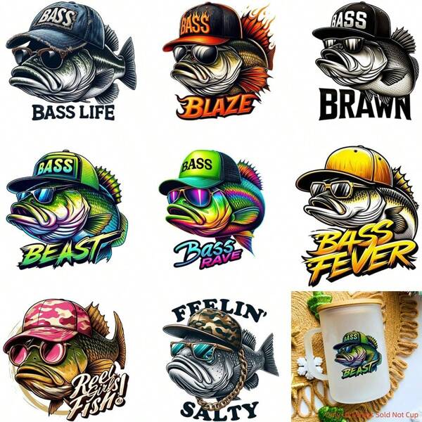 8pcs Fishing Themed UV DTF Transfer Decals, Waterproof And Scratch-Resistant, Self-Adhesive Stickers For Glass, Suitable For Mugs, Ceramic Cups, Glass Cups, Metal Cups, Laptops, DIY Packaging