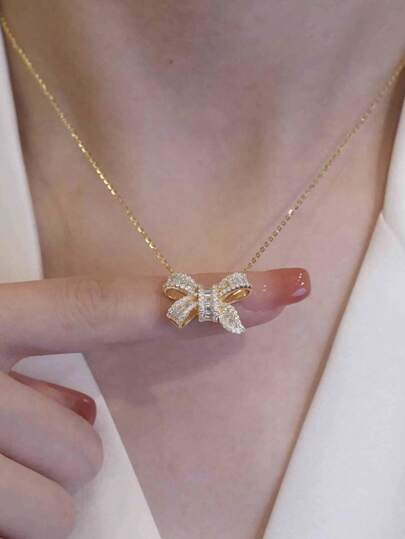 1pc Elegant Sparkling Stainless Steel Cubic Zirconia Bowknot Necklace, Suitable For Women Formal Event Wear And Gifts