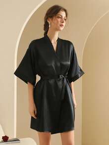 Camisón de seda para mujer, bata de novia para vestir, bata ligera tipo cárdigan, bata de mañana para novia, bata para amiga, adecuada para uso en casa y hotel. - Negro - Ver 8