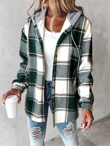 Women's Autumn Winter Clothing Casual Plaid Hooded Jacket Coat - 綠色 - 查看 1
