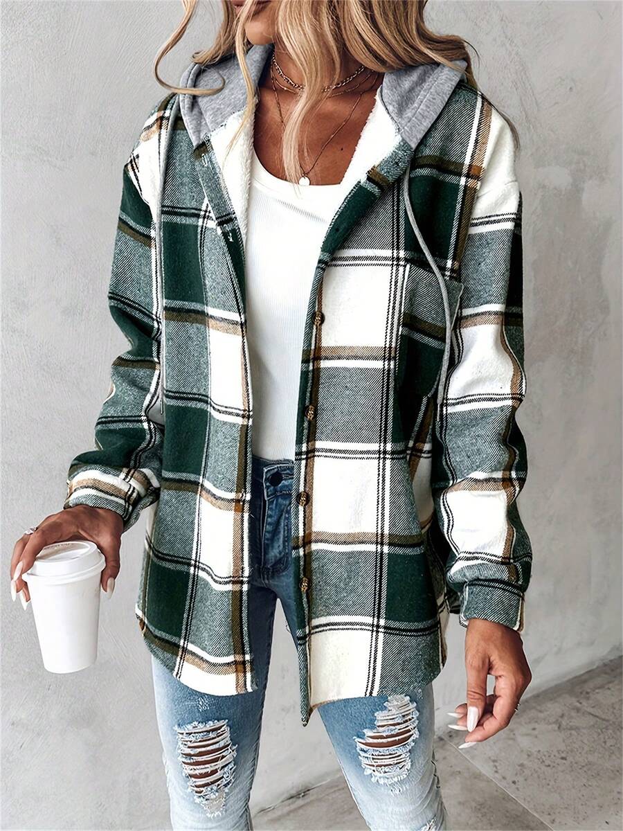 Women's Autumn Winter Clothing Casual Plaid Hooded Jacket Coat - 綠色 - 查看 1