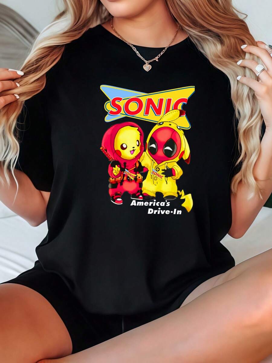 Women's T-Shirt Casual Black And Deadpool America's Drive-In Graphic Print Summer Daily Wear Shirts Summer Tops Graphic Tees Summer Outfits For Women Graphic Tees Women Crop Tops Tops For Women - 黑色 - 查看 1