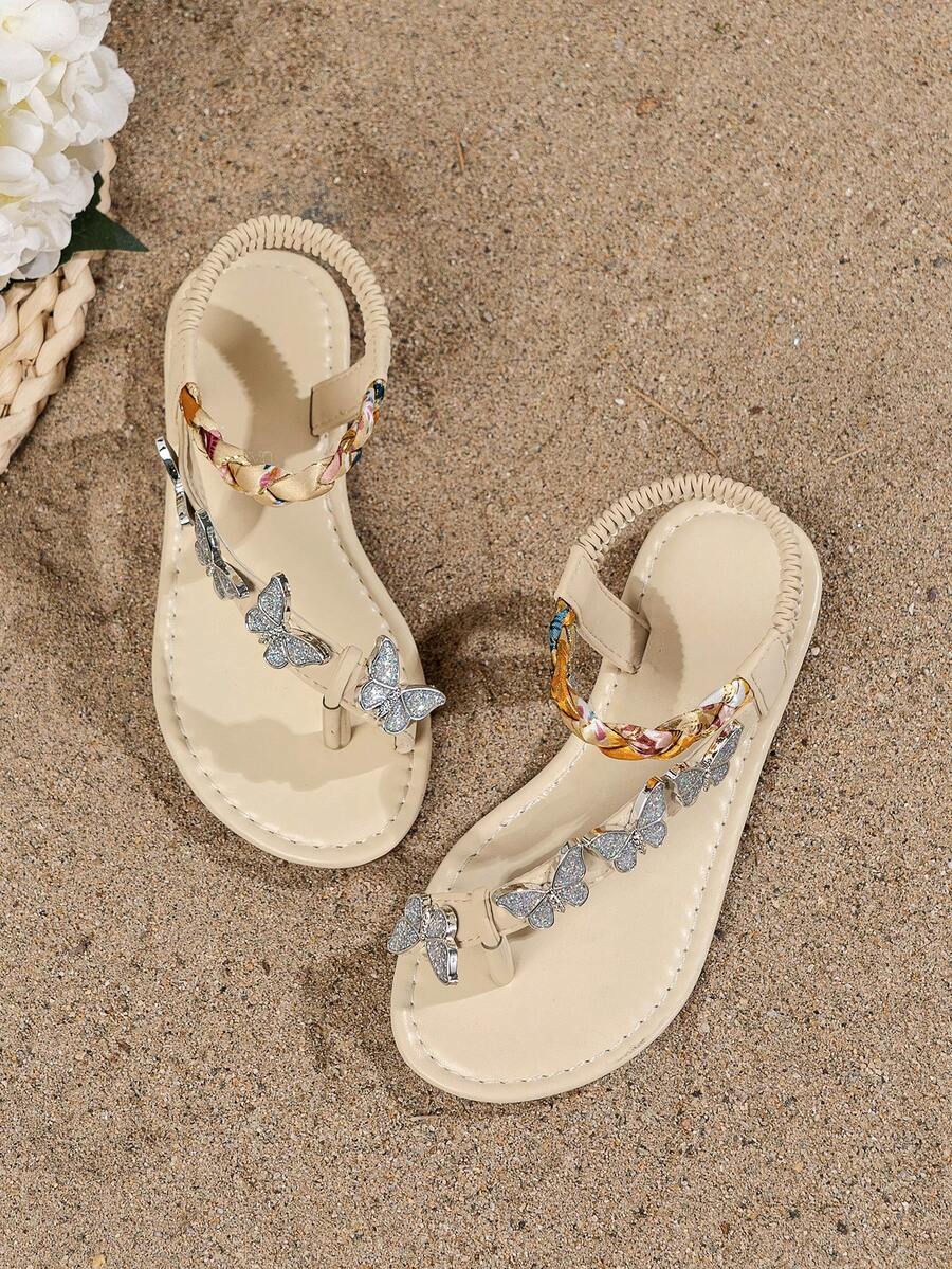 2025 New Style Children Sandals, Beach Sandals, Brand Name Sandals, Fashionable Beige Sandals, Rhinestone Sandals, Bohemian Style Sandals, Comfortable & Durable, Handwoven Shoelaces - Multicolor - View 1
